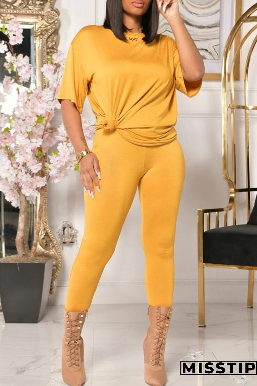 Red Casual Solid Basic O Neck Short Sleeve Two Pieces