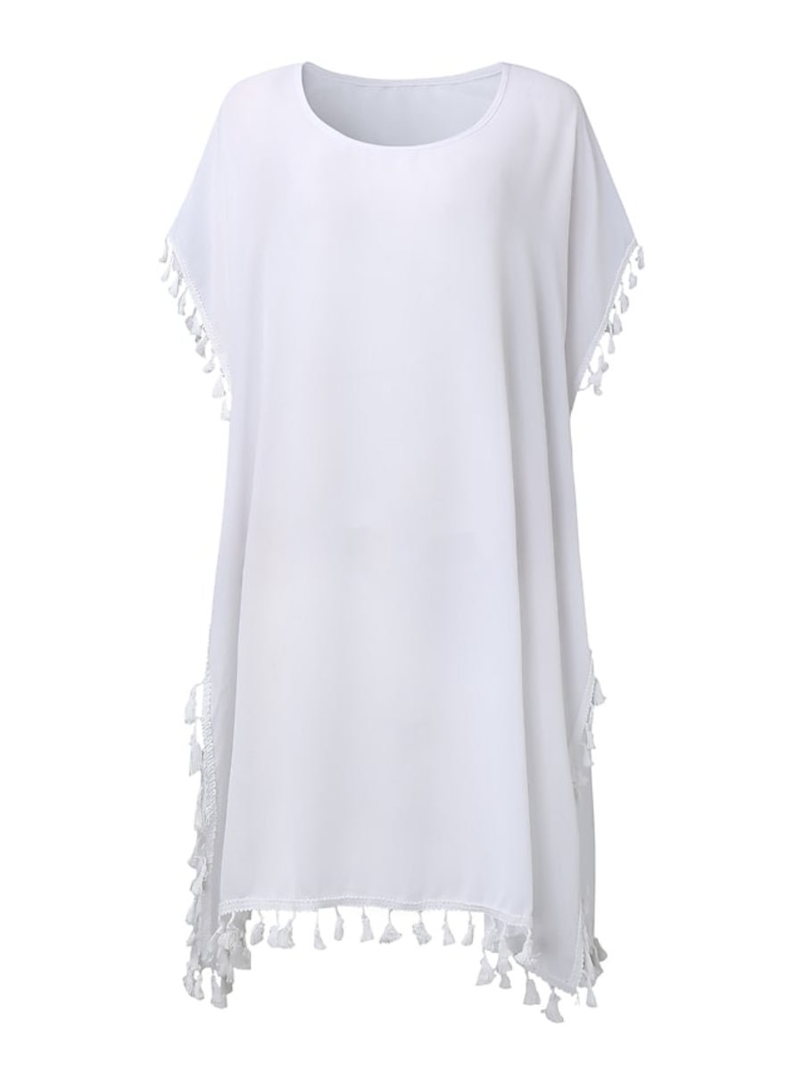 Ladies Swimwear Cover Up Ruffle Tassel Solid Color Beach Dress Swimsuit