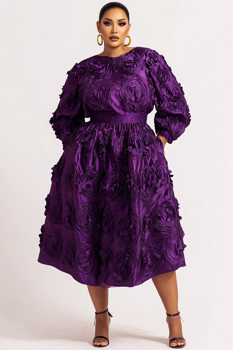 Xpluswear Design Plus Size Churchs Purple Round Neck Long Sleeve 3D Elegant Pocket Midi Dresses 2024 - Xpluswear