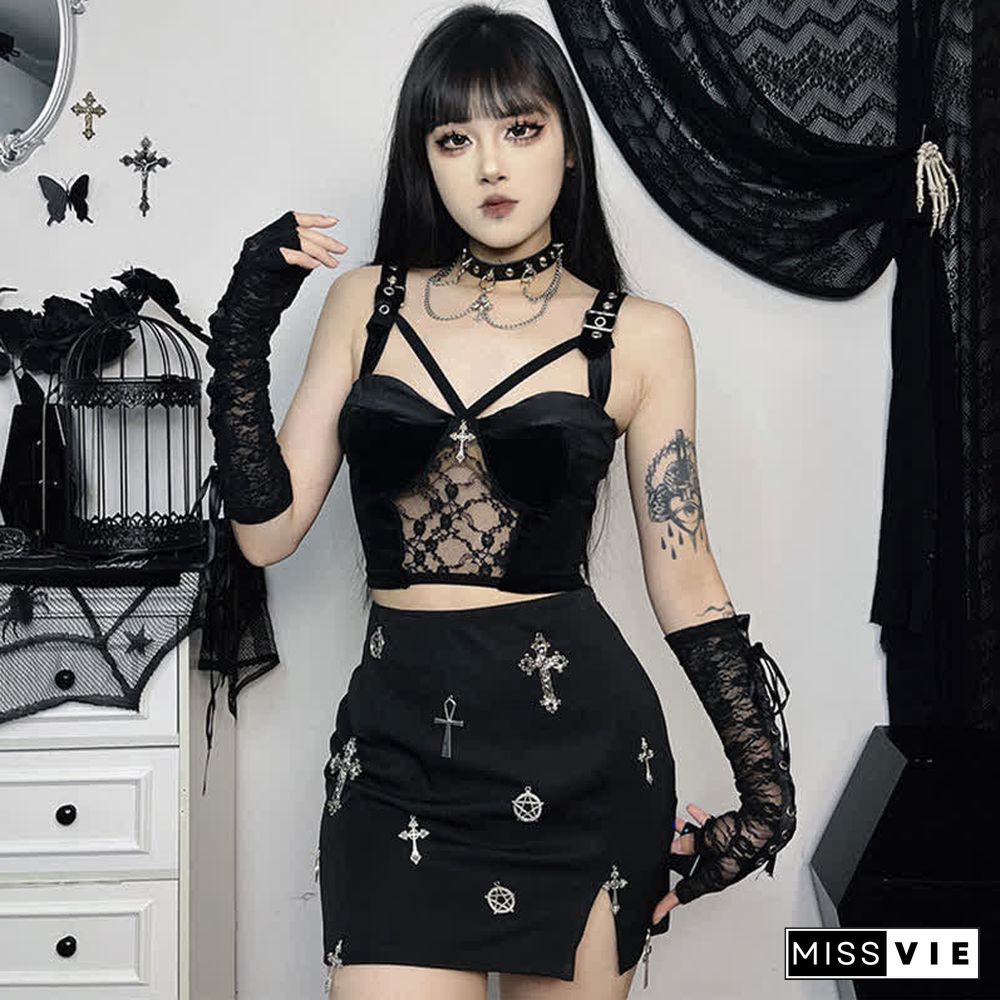 Gothic Cross Buckle Lace Hollow Out Crop Top