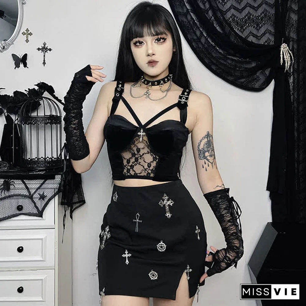 Gothic Cross Buckle Lace Hollow Out Crop Top