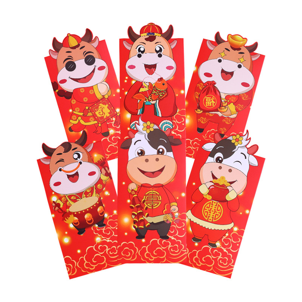 

6pcs Chinese Red Envelope Cute Ox Red Packet for New Year Birthday Wedding, 501 Original