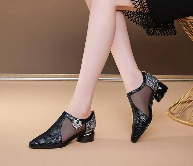 zapatos de mujer zapatos,Sheepskin Shoes Women,Mesh Mid Heels,Sequince Cloth,Pointed toe,Female Footwear,BLUE,GREY,Dropshipping