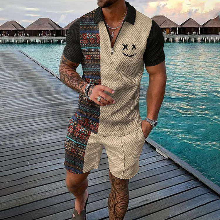 BrosWear Colorful Geometric & Smile Face Print Patchwork Short Sleeve Polo Shirt And Shorts Co-Ord