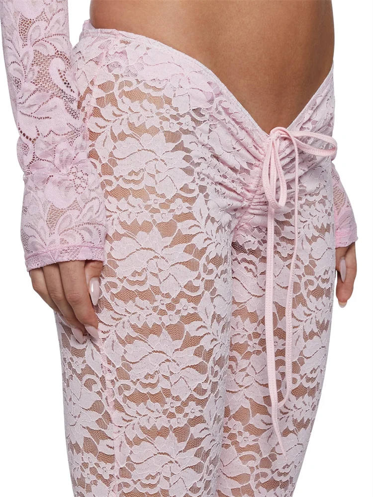 Brownm Women Lace Pants Low Waist Drawstring Mesh See-through Slim Fit Flare Pants Long Trousers Summer Party Clubwear 2024