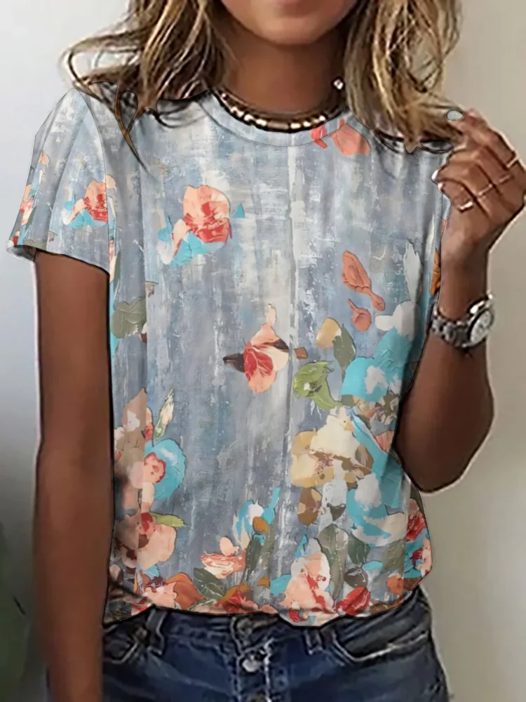 Printed Short Sleeve Casual T-shirt for  Women and Men Unisex Pattern Floral, Gray