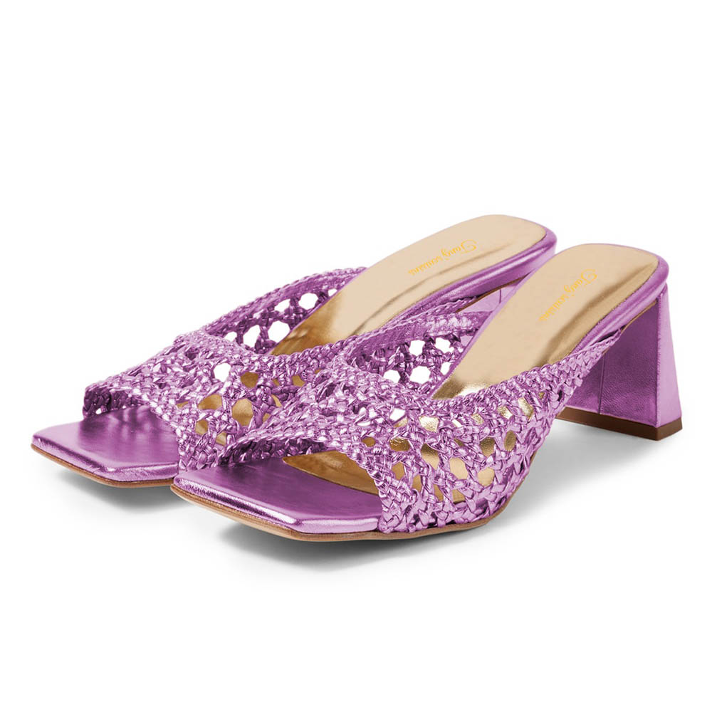 Purple Braided Chunky Heel Square Toe Hollow-Out Slip On Sandals Nicepairs