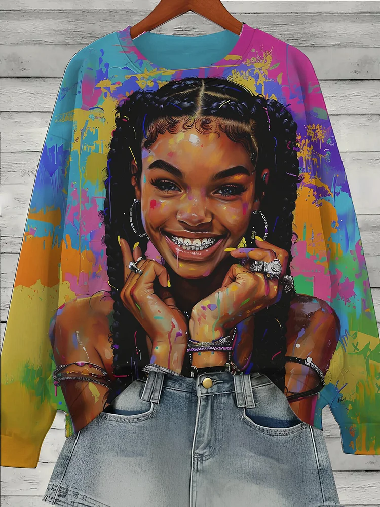 Women's Black Girl Rainbow Graffiti Art Print Cozy Sweatshirt