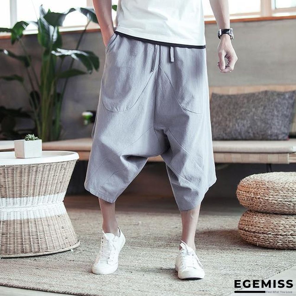 Men Wide Crotch Pants Loose Large Cropped Wide-legged Bloomers Flaxen Baggy Trousers | EGEMISS