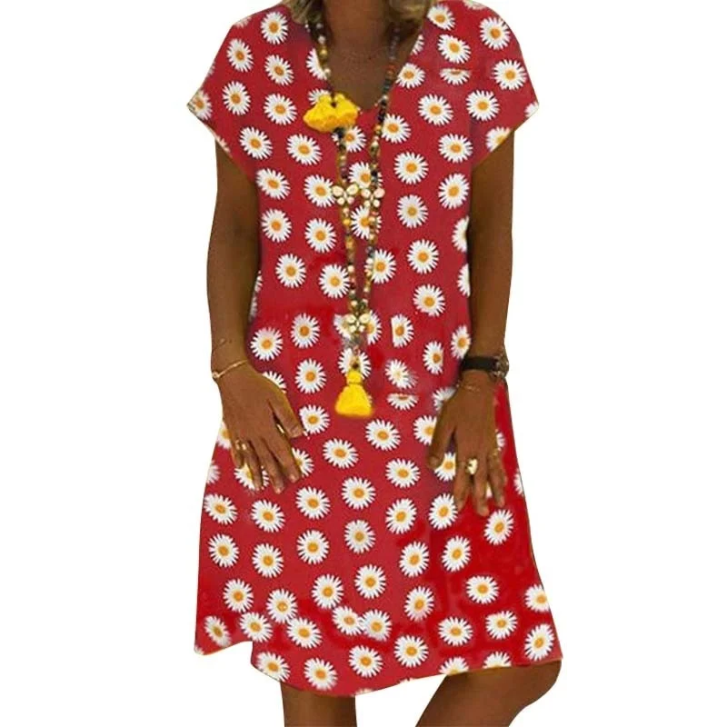 2020 Summer Floral Summer Loose Dress Women V-neck Short Sleeve Plus Size Elegant Midi Dresses Beach Casual Boho Yellow Dress