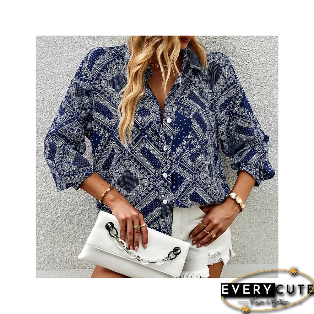 Navy Blue Digital Print Button Pocket Shirt