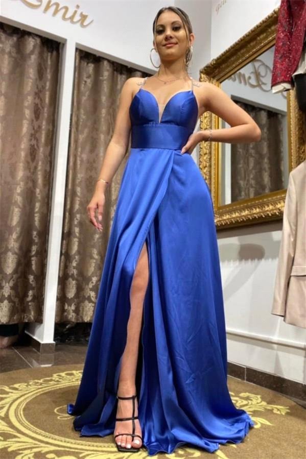Royal Blue Split Long Prom Dress Spaghetti-Straps PD0472