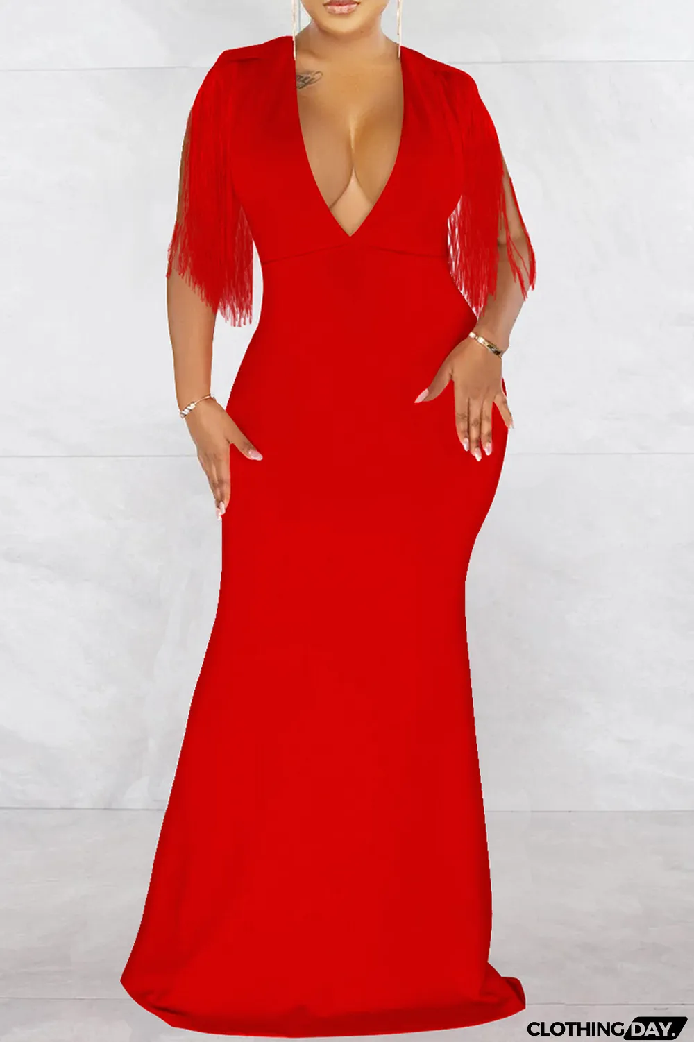 Black Fashion Sexy Solid Tassel Patchwork V Neck Long Dress