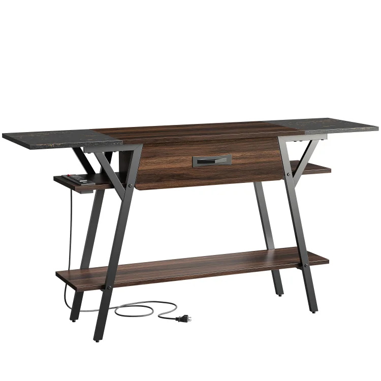 Bestier Console Table for Entryway LED Lights, Entryway Table with 4 Outlets & 2 USB Ports, Sofa Table with Drawer and Storage Shelves for Hallway, Living Room, Couch, 60 Inch, Walnut