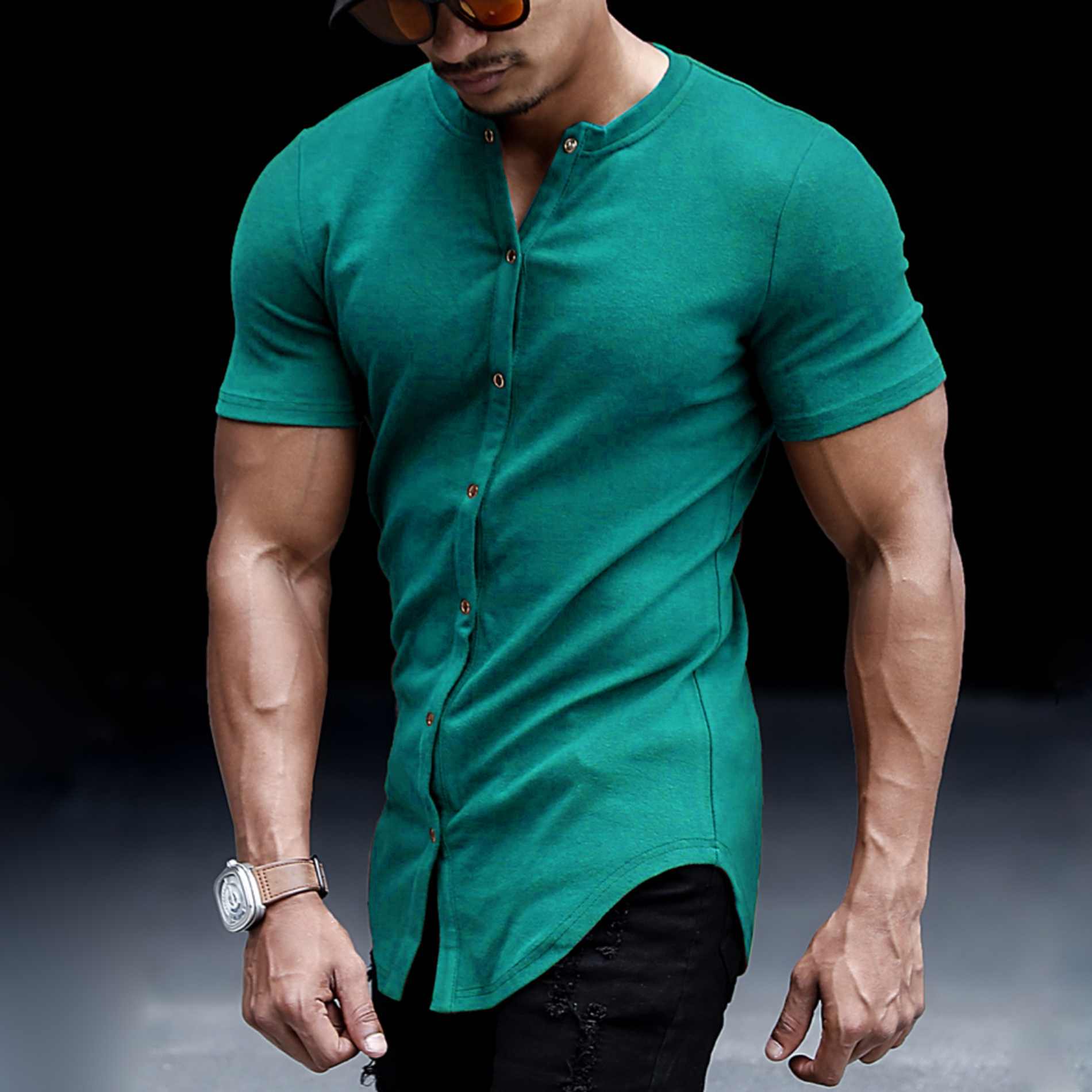 Men's Casual Slim Solid Color Short Sleeve Shirt Outdoor Fitness Sports Running Pure Cotton Stand Collar Cardigan