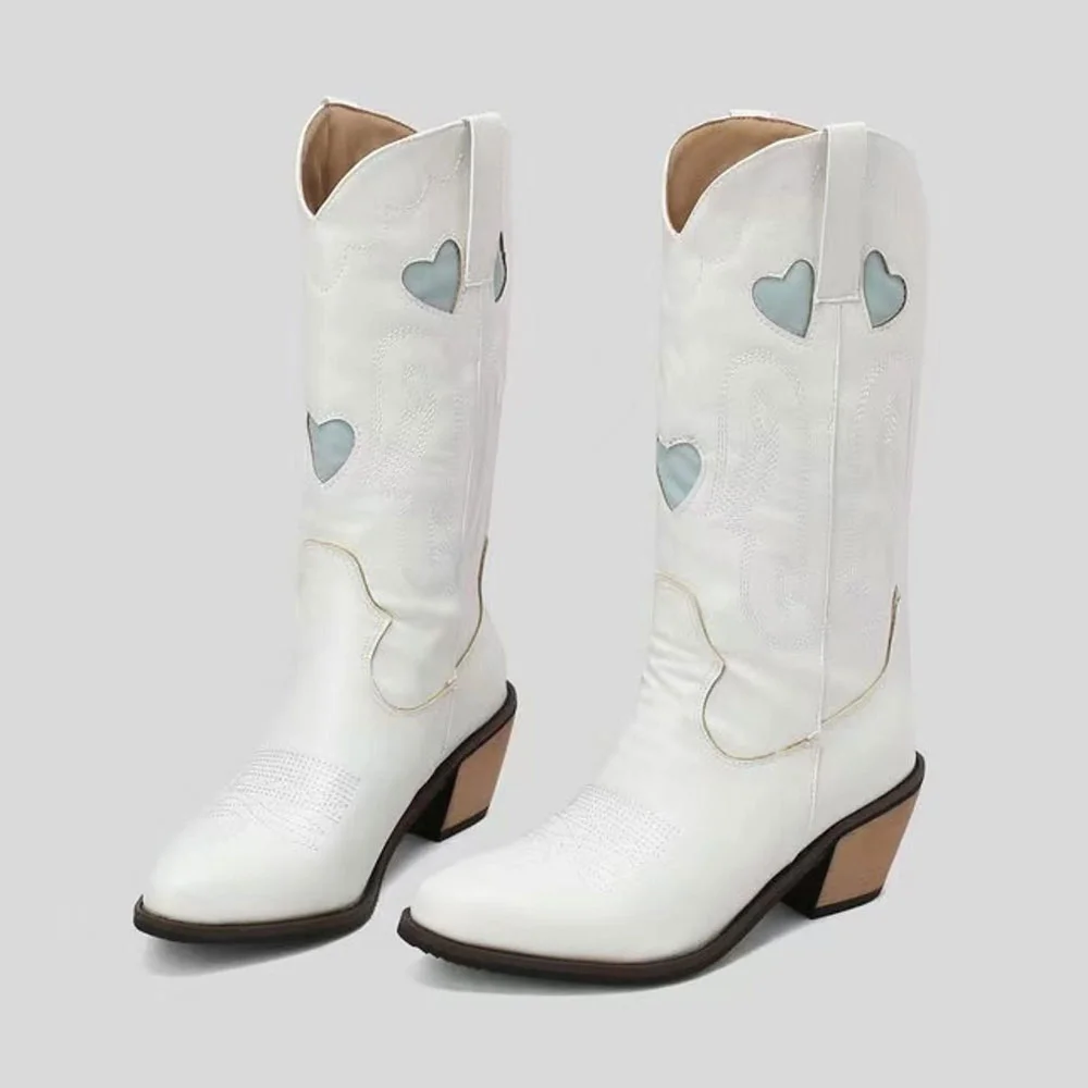 Snip Toe Chunky Heel Style Embroidered Cowboy Boots for Women in White