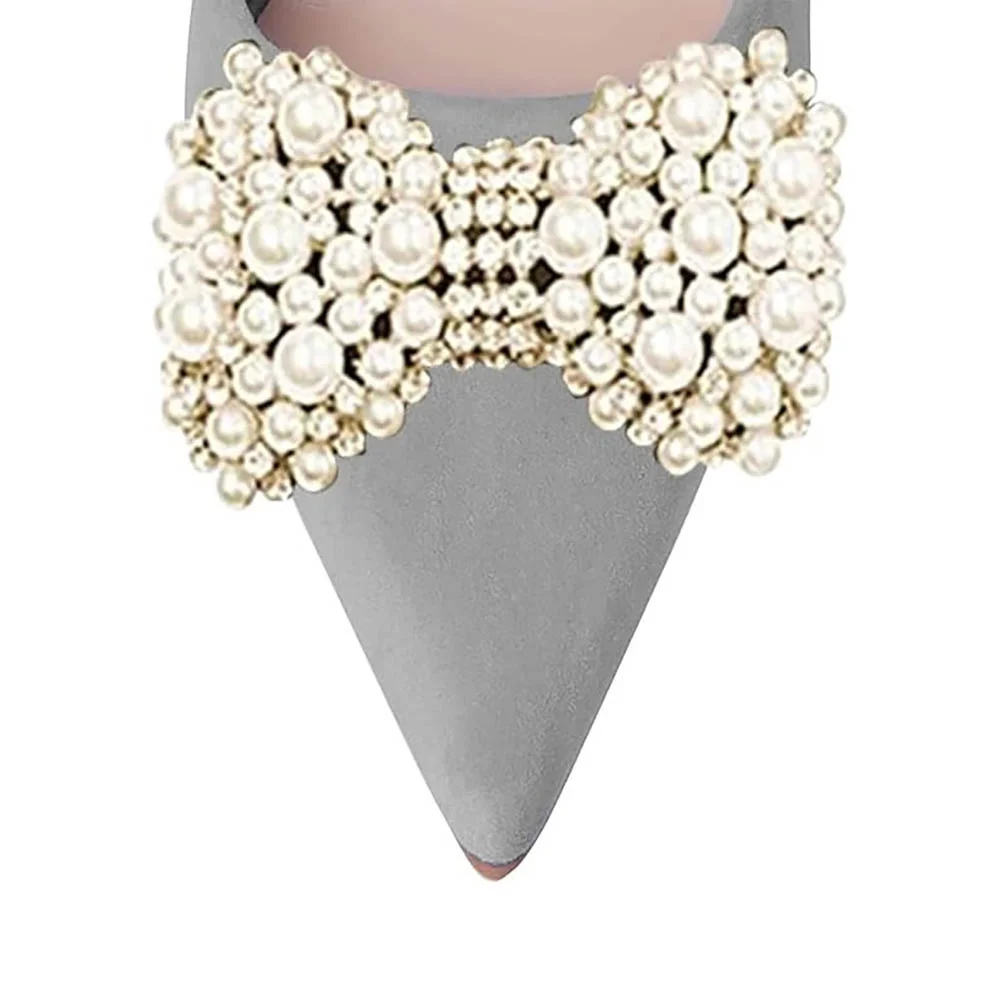 Grey Pointed Toe Flared High Heel Prom Bow Pumps Shoes with Pearl