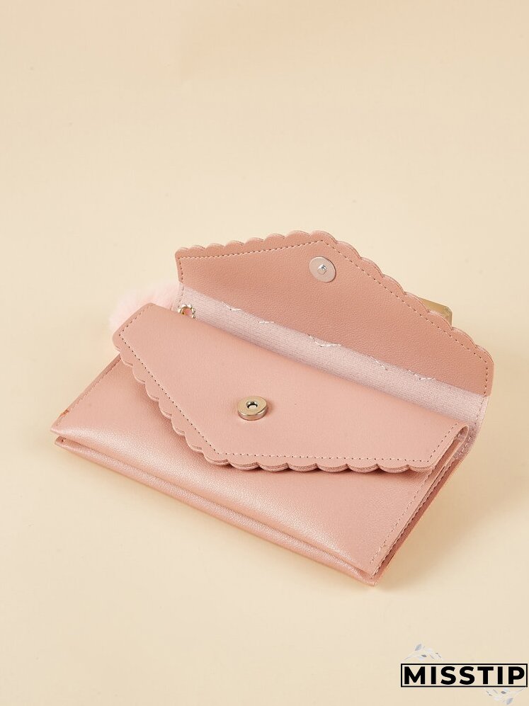 Letter Embroidered Scallop Trim Pom Pom Decor Long Wallet