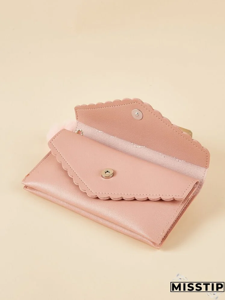 Letter Embroidered Scallop Trim Pom Pom Decor Long Wallet