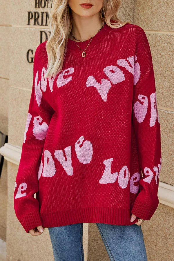 Love Monogram Crew Neck Contrasting Knitted Long Sleeve Pullover Sweater