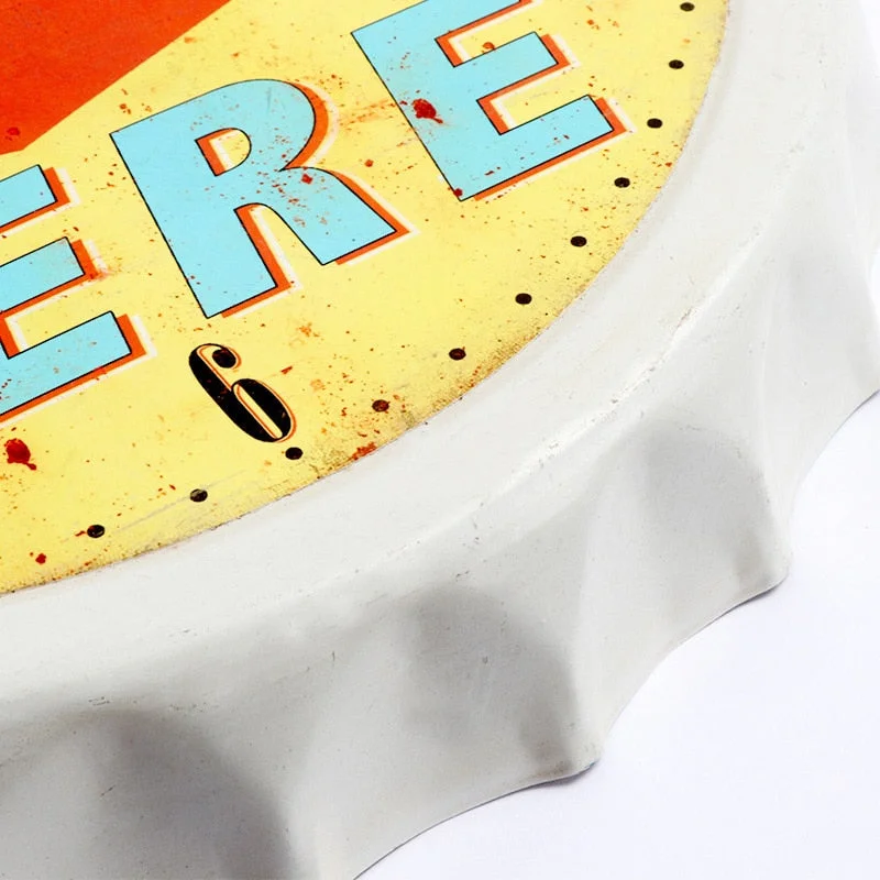 35cm Creative Metal Wall Clock Modern Design Retro Beer Bottle Cap 3D Wall Art Decor for Bar Cafe Iron Hanging Clocks Wall Watch