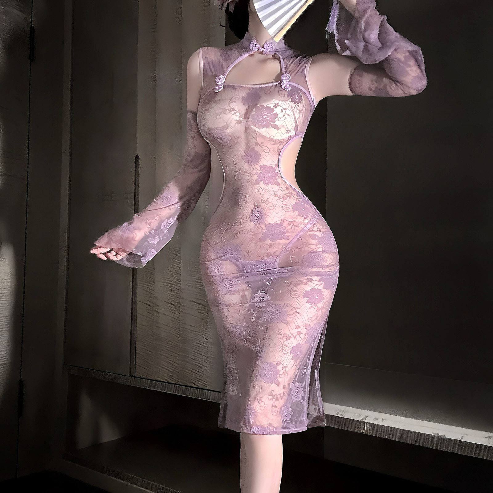 Lovingerie - Chinese Style Lace See-through Purple Cheongsam Suit