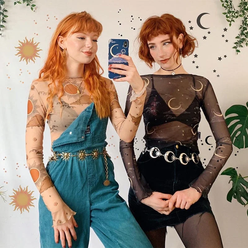 Back to school  Y2K Vintage Harajuku Print Mesh T Shirt Women Elegant Long Sleeve O Neck Summer Sheer Perspective Crop Tops Casual Blouse Tee