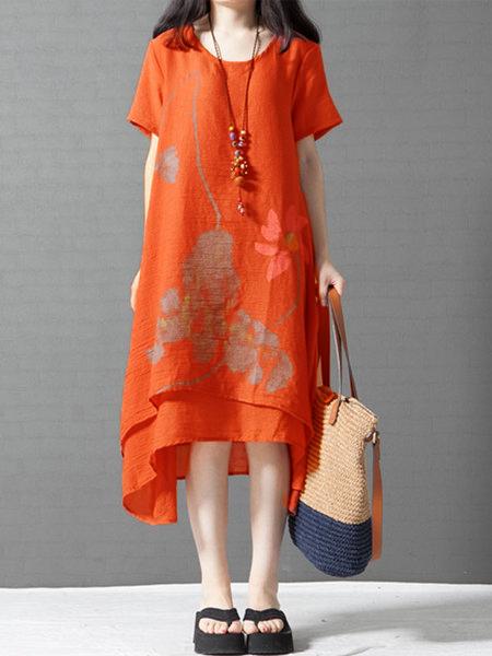 Floral-Print Casual Short Sleeve V Neck Linen Dresses