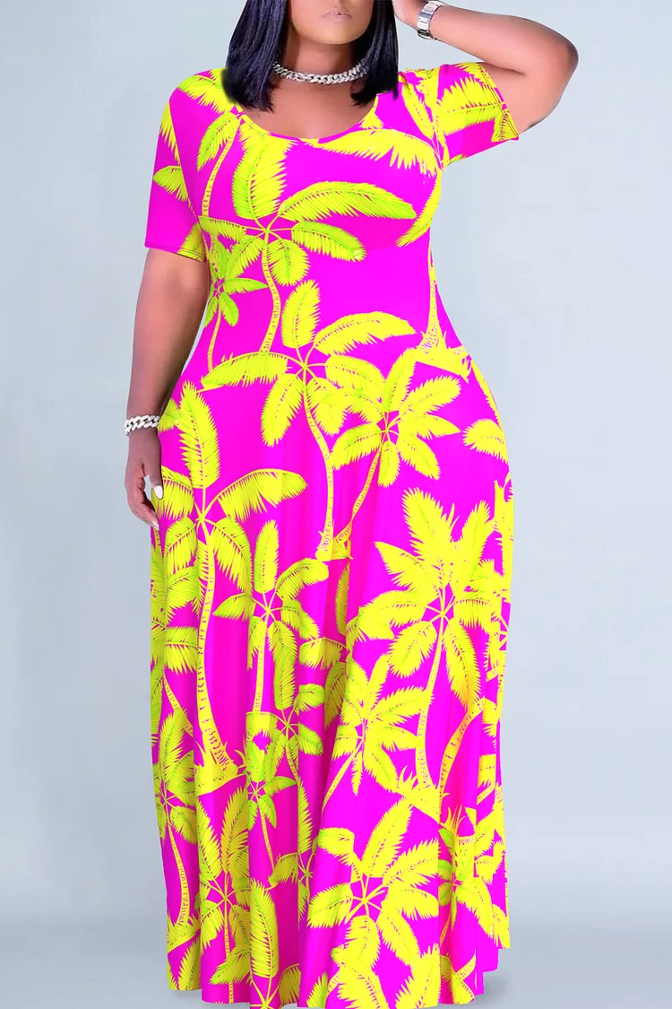 Plus Size Casual Yellow Coconut Tree Print Round Neck Short Sleeve Maxi Dresses