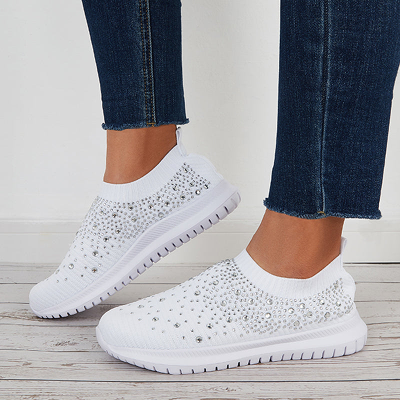 Women's Rhinestone Sock Sneakers Stretch Knit Sparkly Walking Shoes