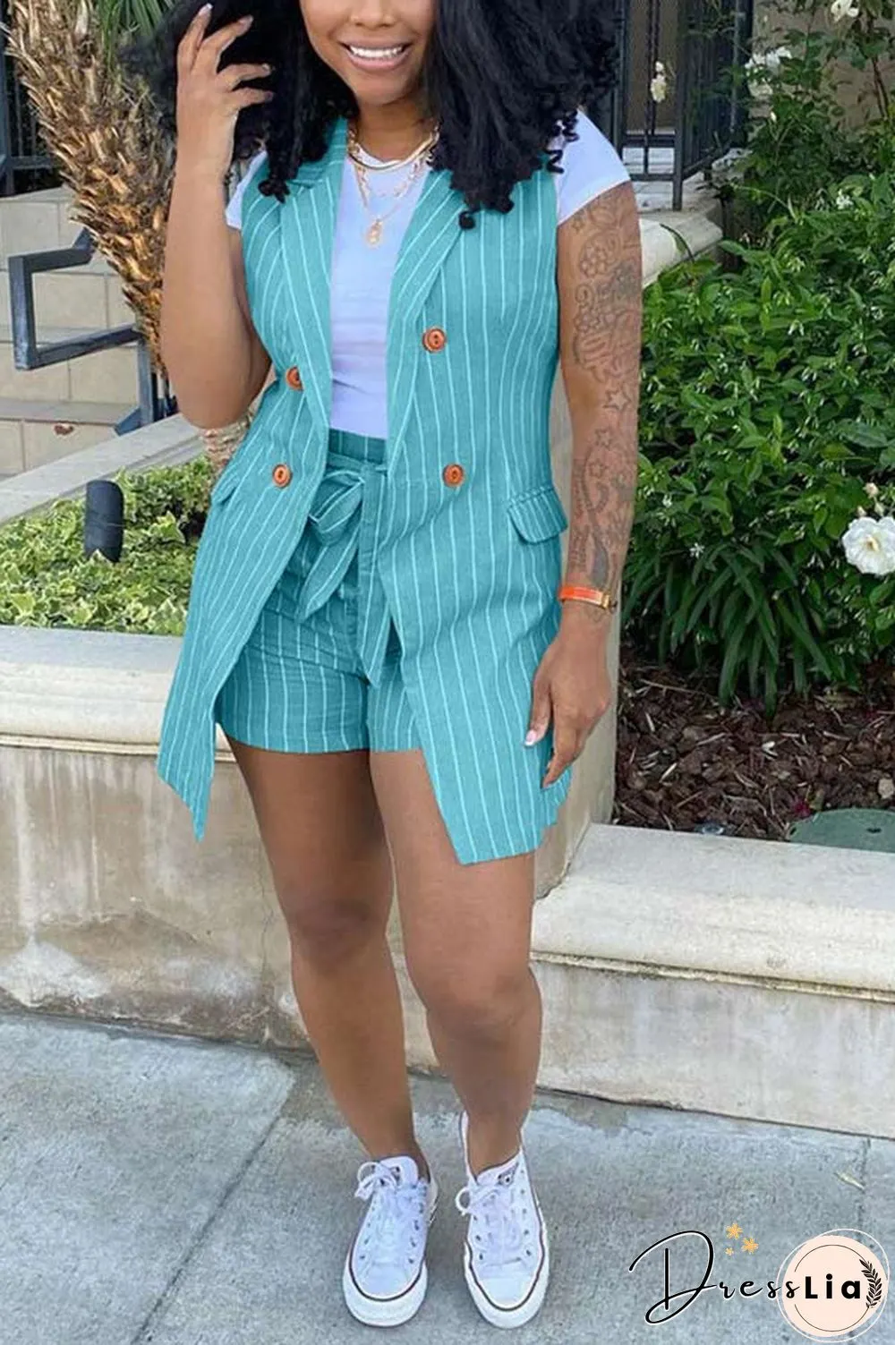 Casual Stripe Print Vest Jacket Shorts Set