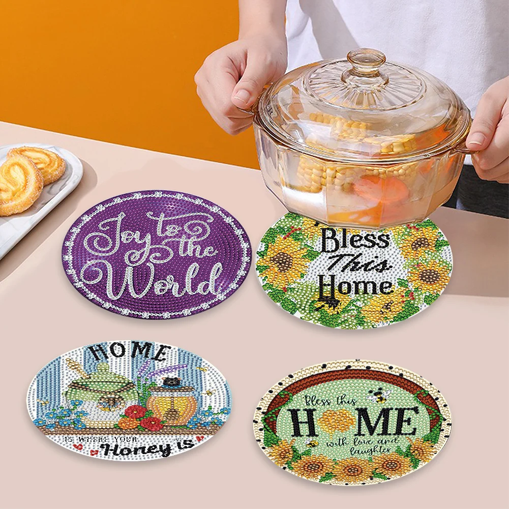 4pcs DIY Flower Letters Wooden Diamond Painted Placemats for Dining Table Decor(15*15cm)