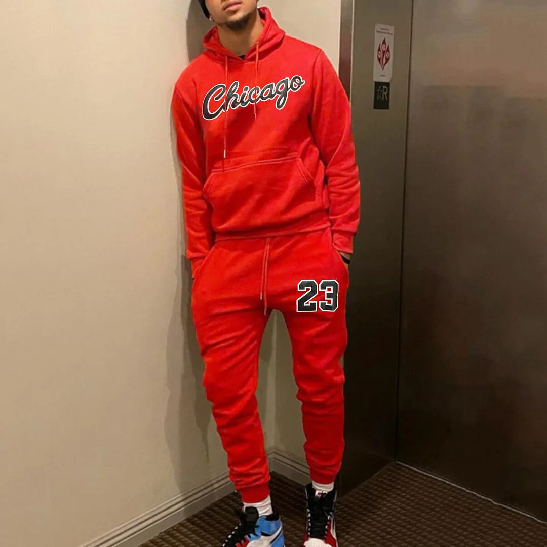 Casual Chicago Print Hoodie And Pants Two Piece Set