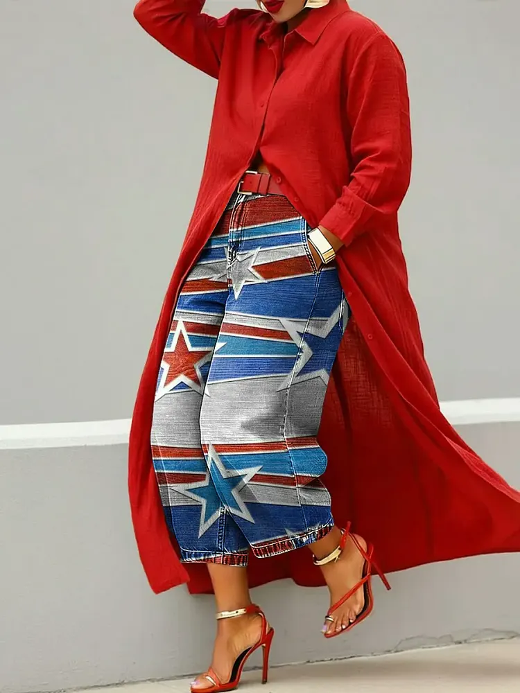 Women's Abstract Flag Art Print Casual Loose Wide-leg Denim Pants