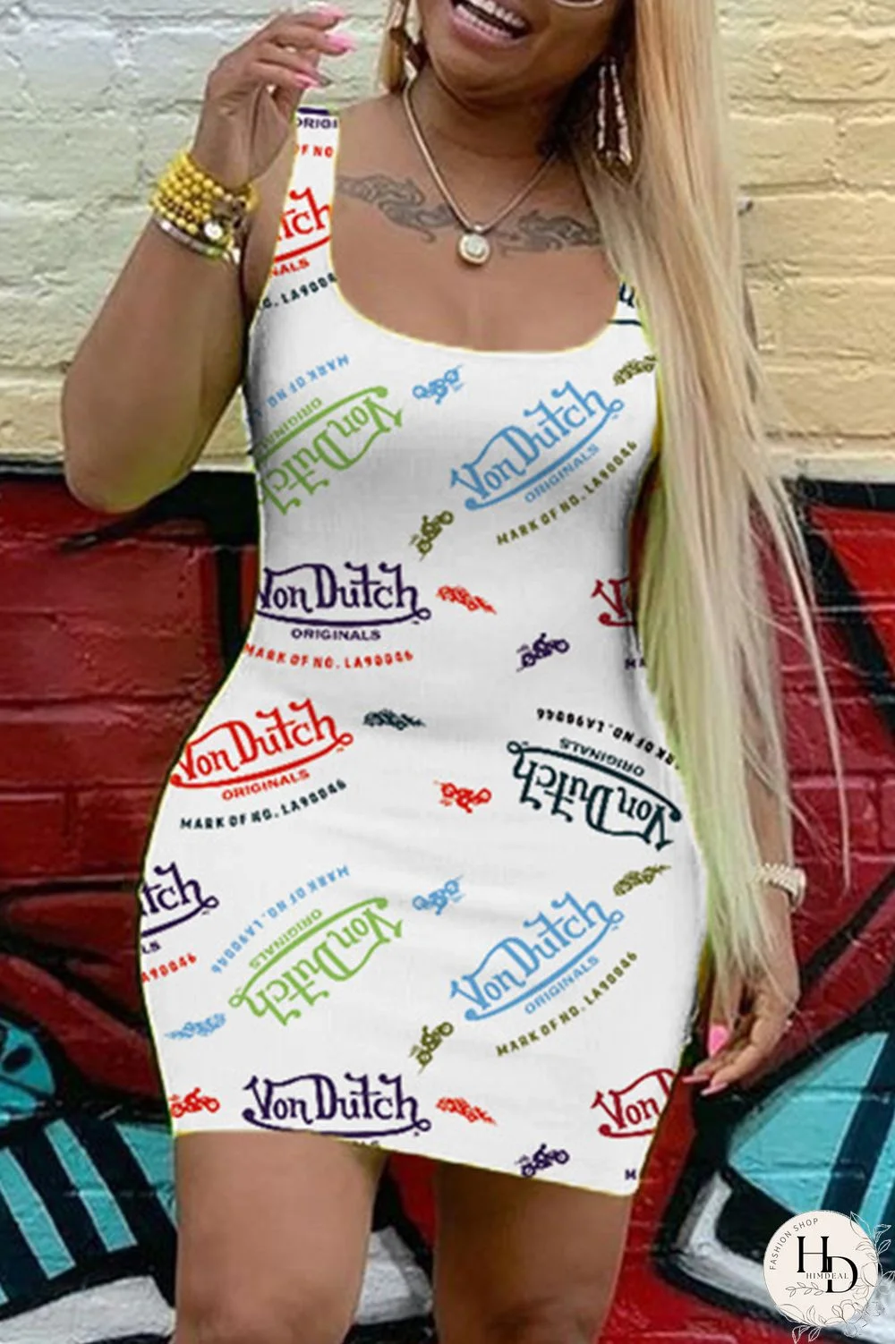 White Sexy Casual Letter Print Basic U Neck Vest Dress