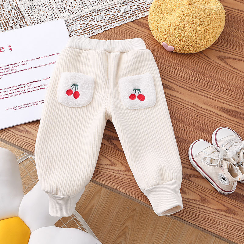 Baby Boy/Girl Ribbed Embroideried Cherry Pocket Fluff Solid Color Pants