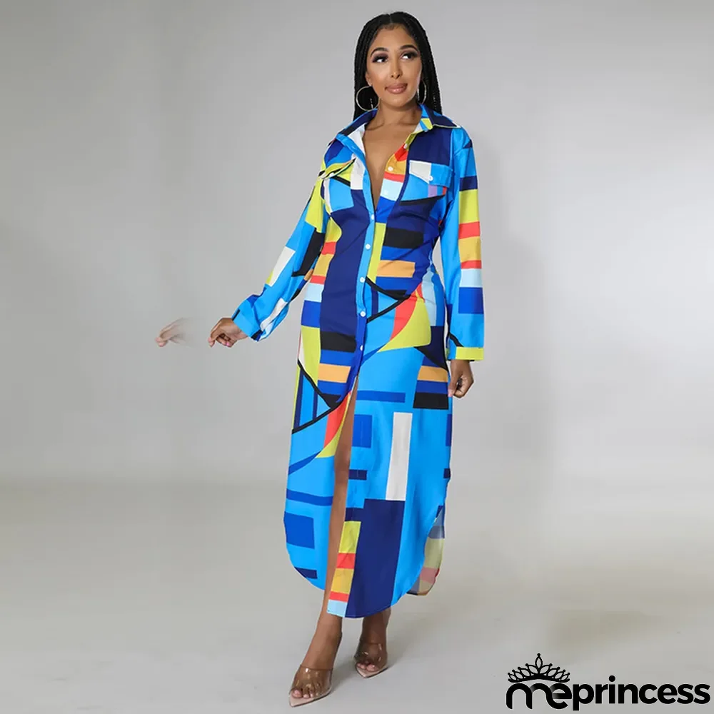 Women Spring Summer Autumn Fashion Sexy Long Shirt Print Casual Long Dress