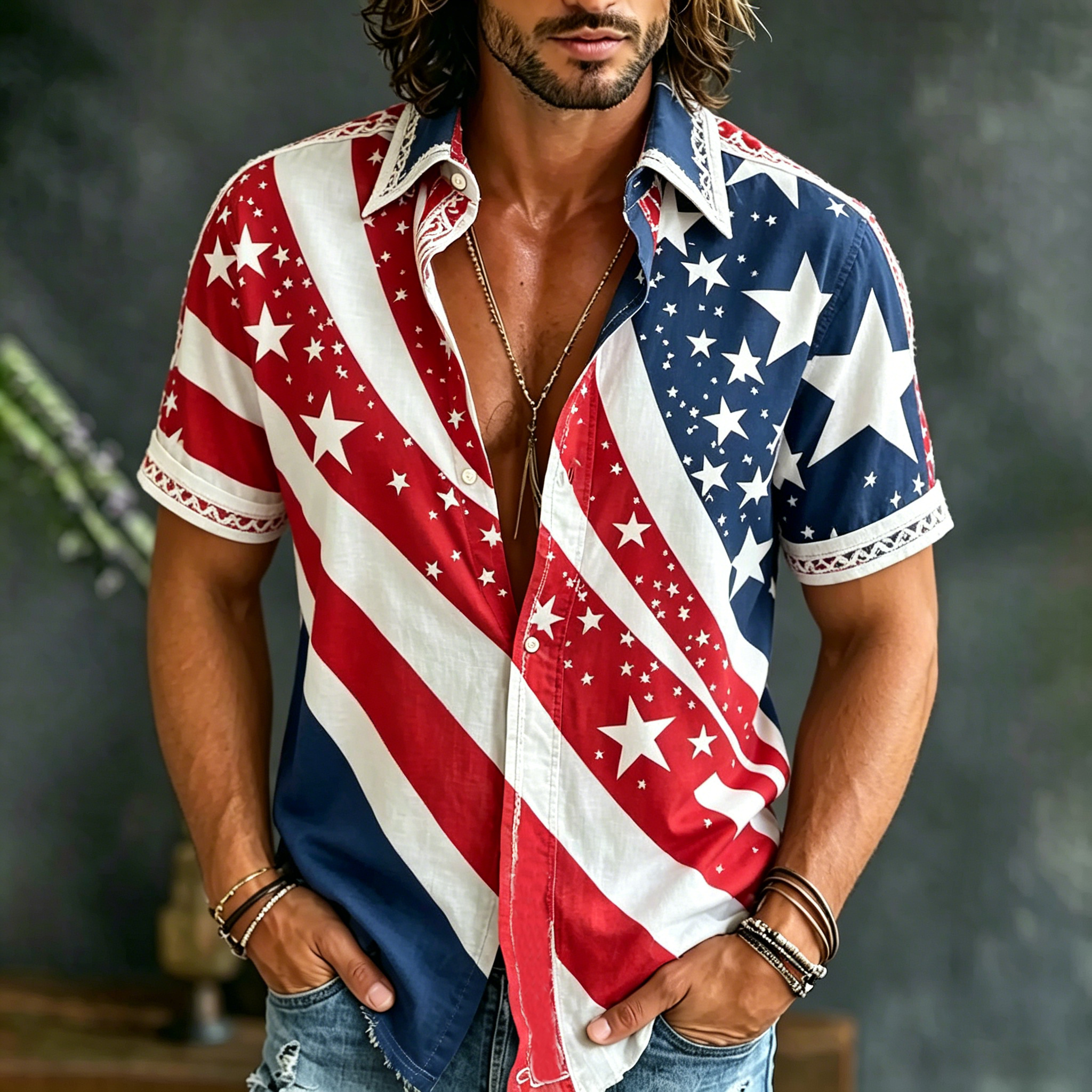  Men's Flag Art Print Flowy Linen Blend Short Sleeve Shirt Westsshops