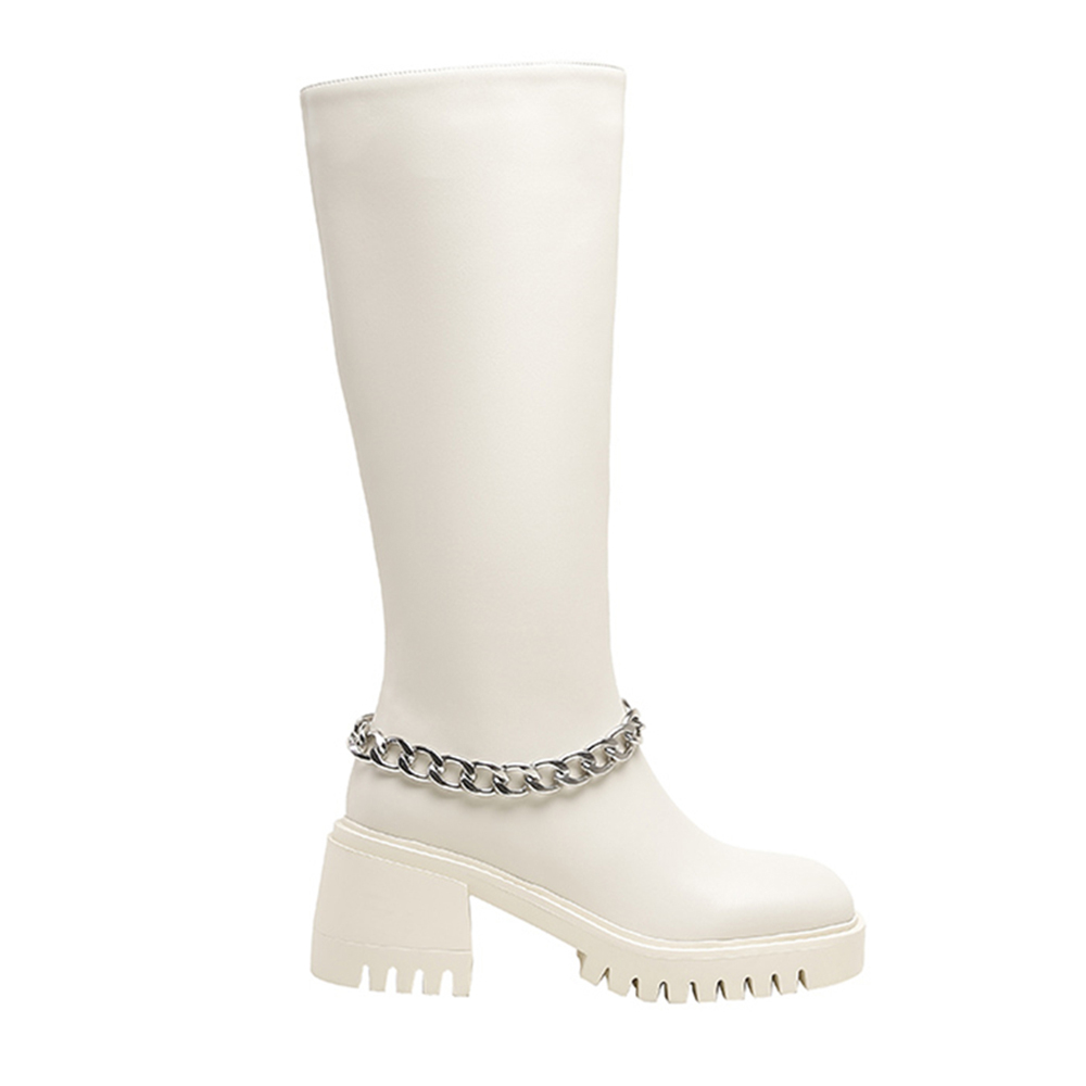 70mm Square Toe Block Heel Chain Rider Boots-vocosishoes