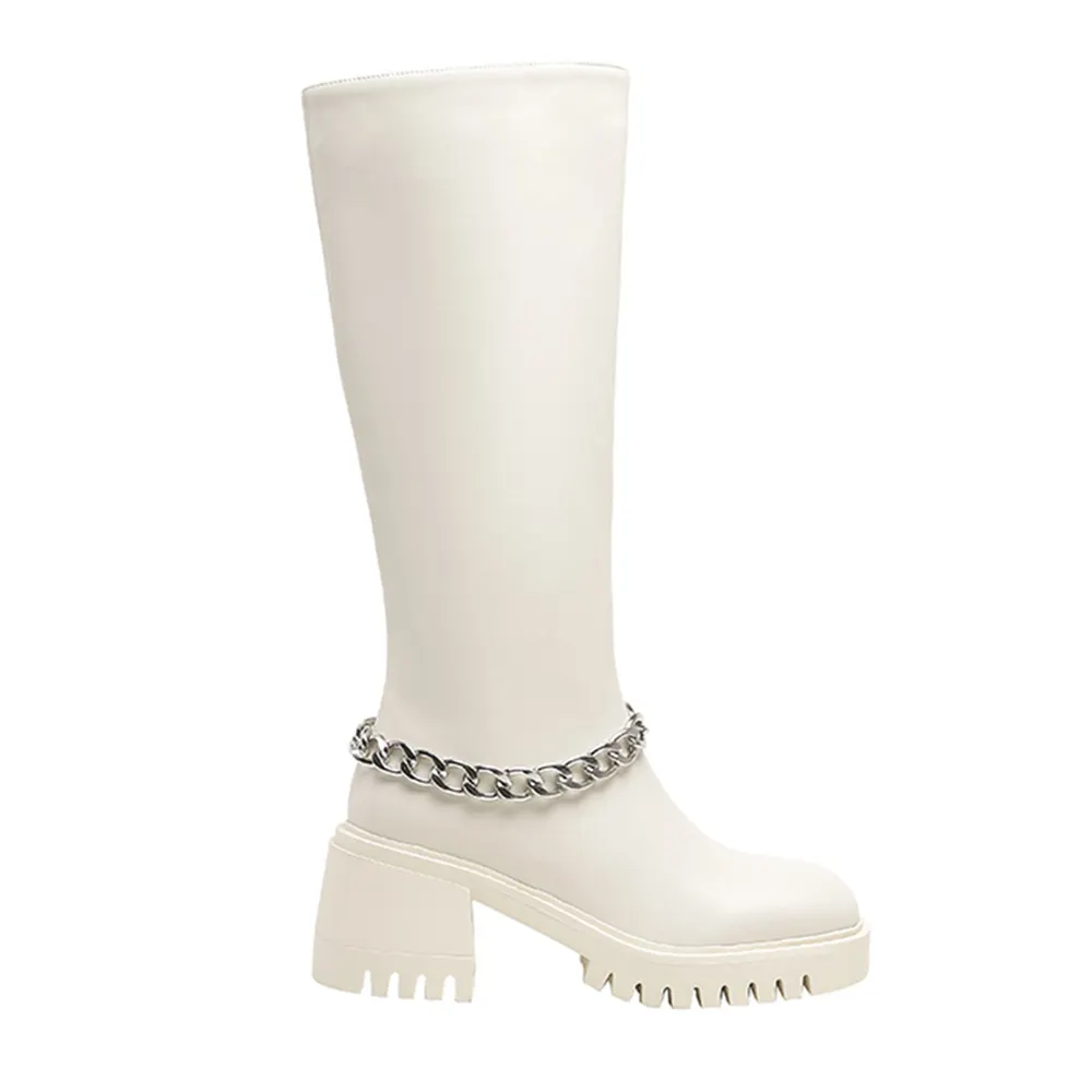 70mm Square Toe Block Heel Chain Rider Boots-vocosishoes