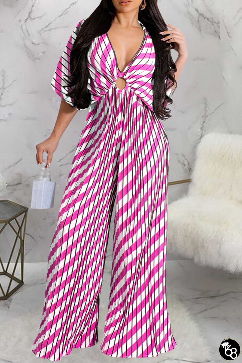 Sexy Print Hollowed Out Patchwork Fold V Neck Loose Jumpsuits | 168DEAL
