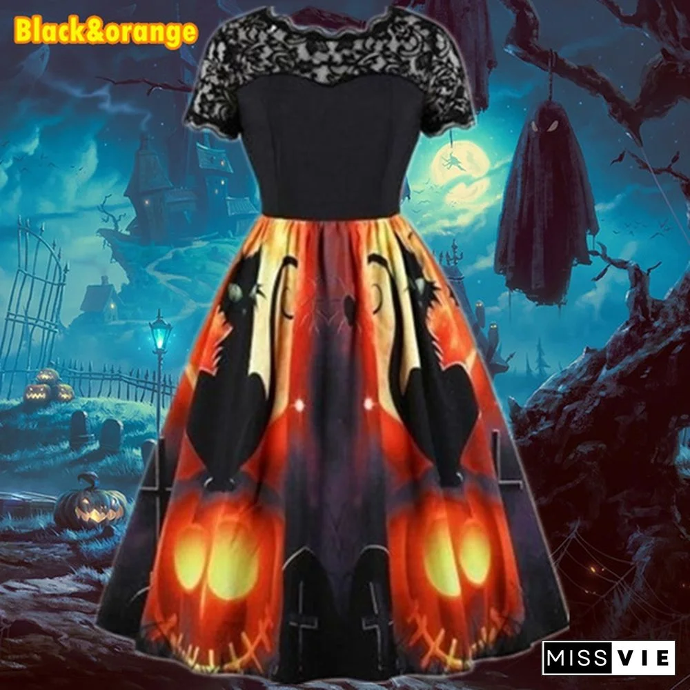 7 Colors Women Fashion Pumpkin Snowflake Print Dress Short Sleeve Lace Dress Christmas Halloween Costume Knee Length Party Dresses