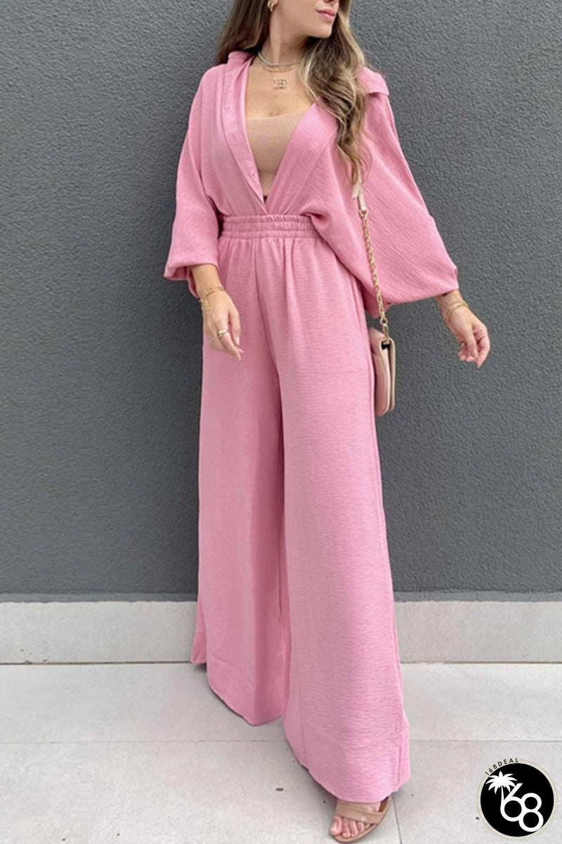 Casual Solid Buckle Turndown Collar Long Sleeve Two Pieces | 168DEAL