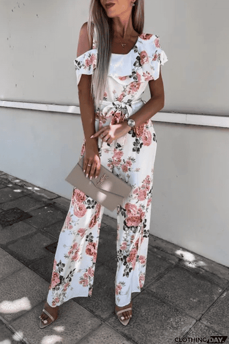 Floral Ruffles One Shoulder Belted Jumpsuits