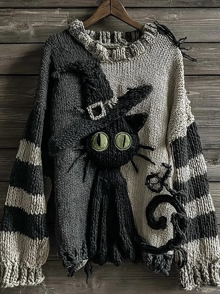 Women's Halloween Cute Witch Cats Art Crew Neck Sweater