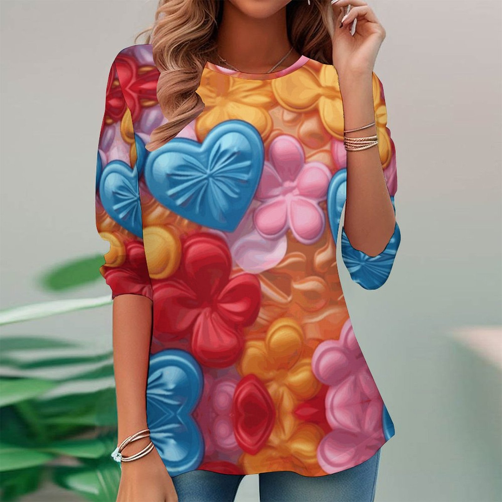 Women Long Sleeve V-neck Graphic Floral Printed Top