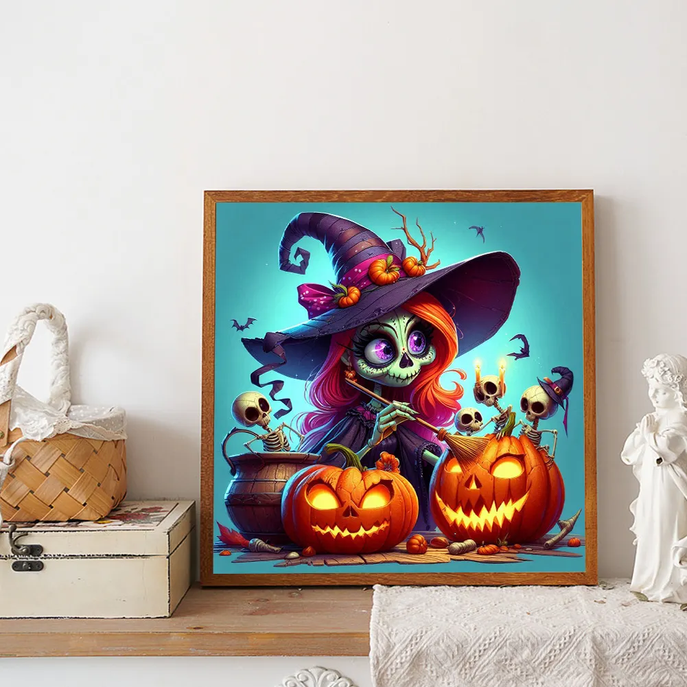 Full Round Diamond Painting 40*40cm - Witch And Pumpkin