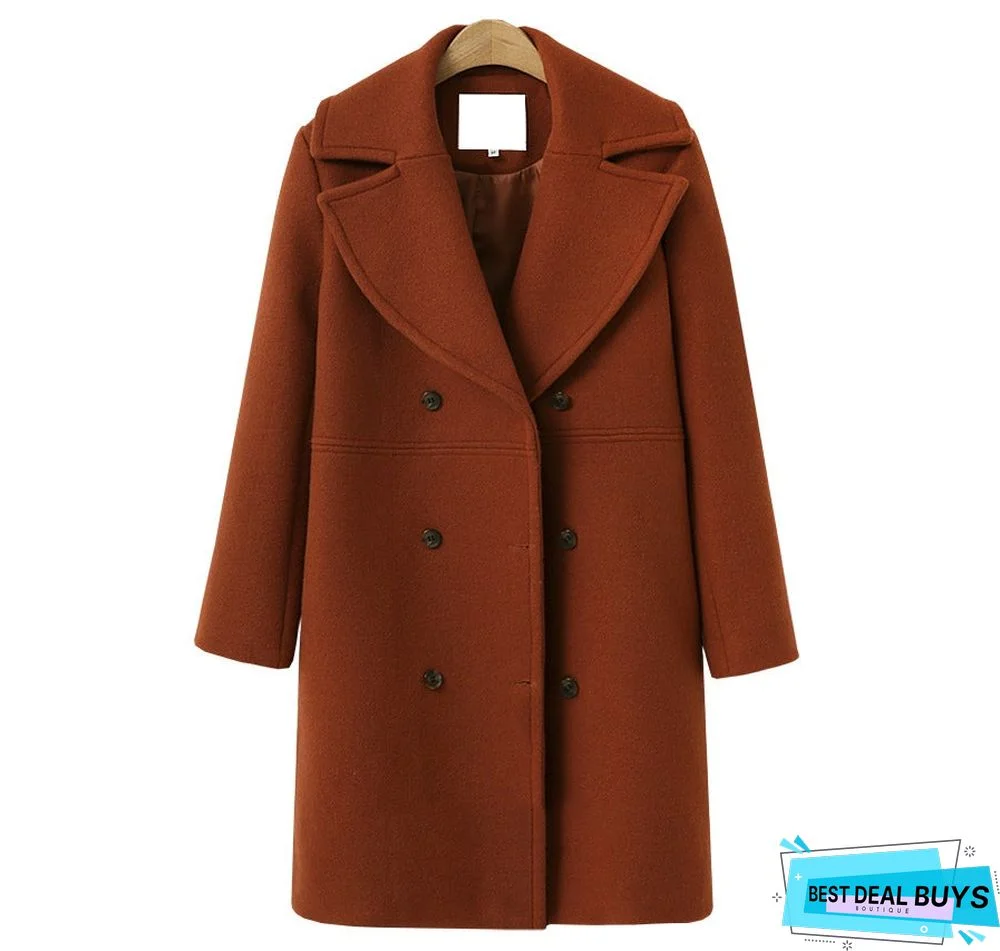 Wool Coat Women's Double Breasted Long Windbreaker Woolen Coat