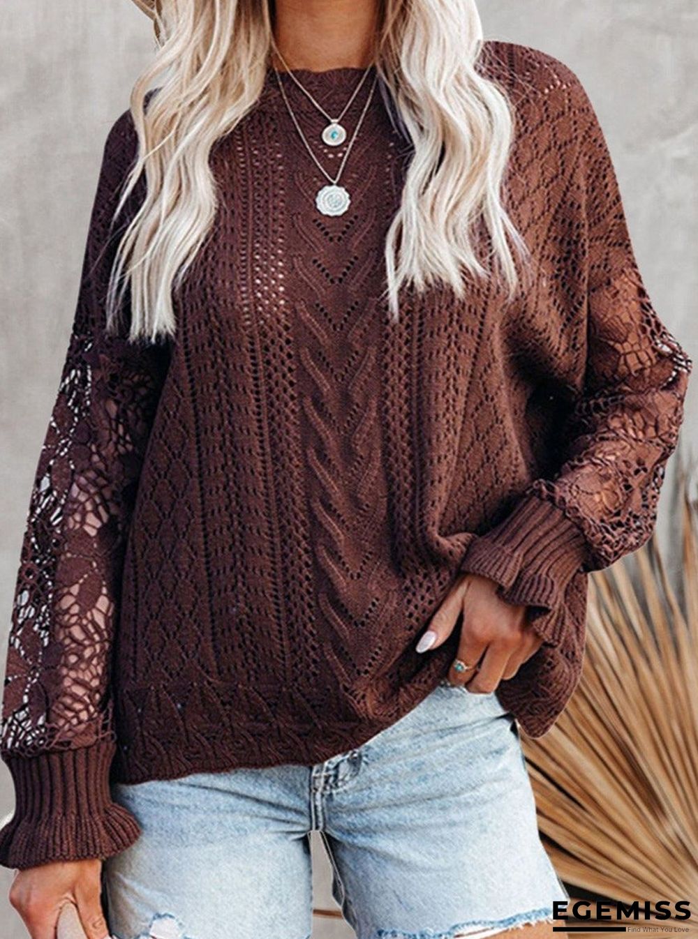 Fashion O-Neck Lace Hollow Casual Long-Sleeved Sweater | EGEMISS