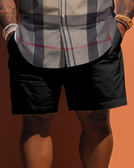 Big Men Classic Khaki Plaid Short Sleeve Shirt Shorts Set